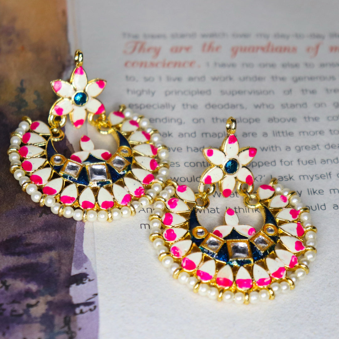 iha Meenakari Chandbali Earrings for Women| Gold Toned Hand Painted | Enamel Flower in Bright Pink and Indigo Blue