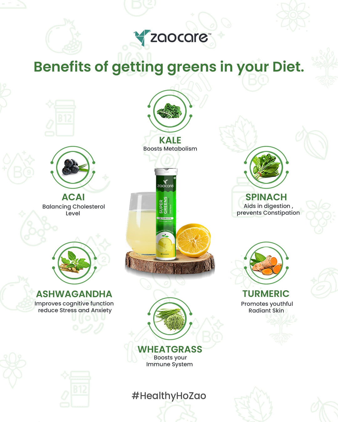 Zaocare Supergreen Effervescent Tablets For Tummy Fat Burn & Gut Detox | 100% Vegan