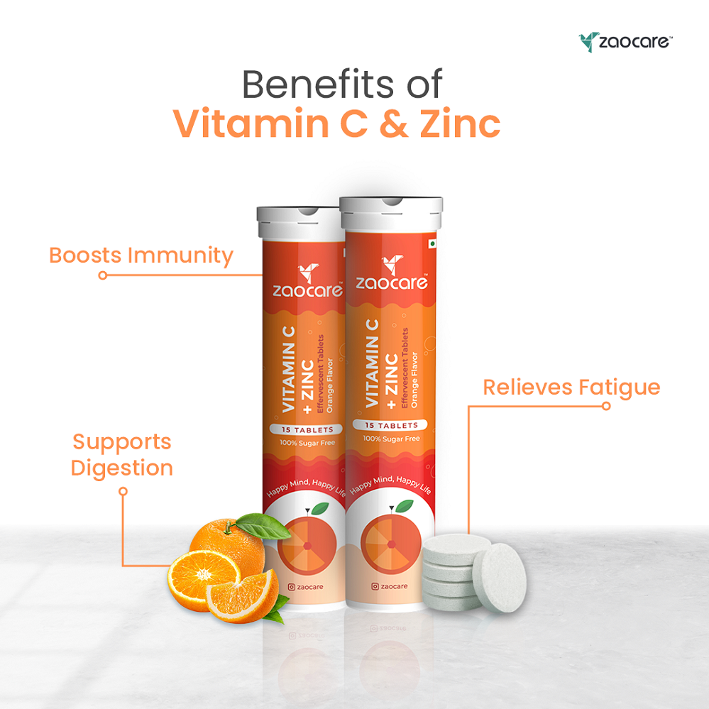 Zaocare Vitamin C & Zinc Effervescent Tablets For Glowing Skin | Immunity Booster | For Men & Women