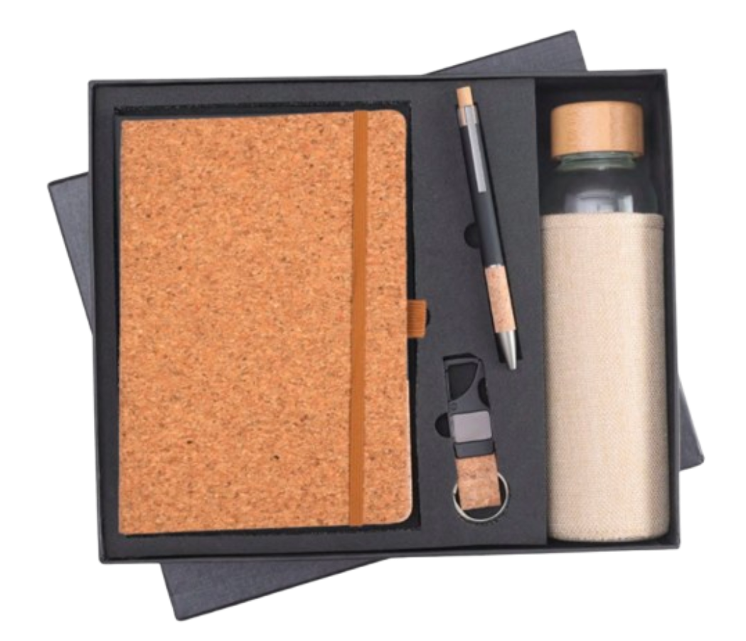 MiRa Gifting Solutions Deluxe Eco Gift Set – Full Cork Notebook, Pen, Keychain & Glass Bottle