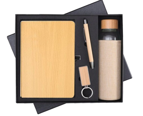 MiRa Gifting Solutions Eco-Classy 4-in-1 Gift Set | Wooden Book + Pen + Key Chain+ + Glass Bottle (Jute Sleeve)