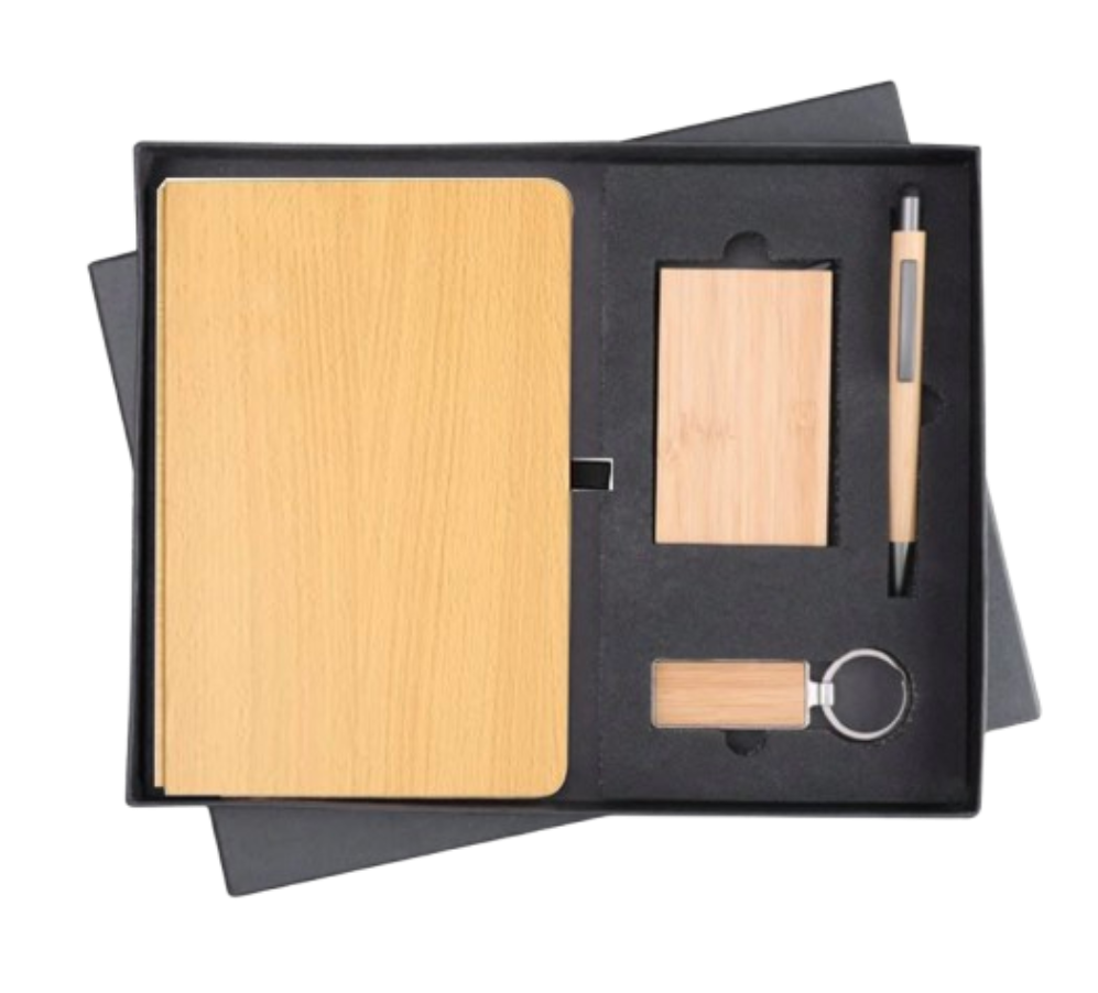 MiRa Gifting Solutions Eco-Essentials 4-in-1 Gift Box | Wooden Diary + Pen + Card Holder + Key Chain