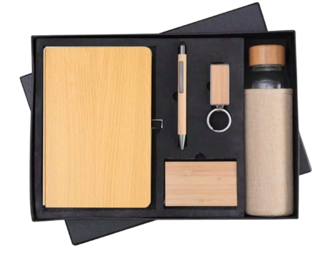 MiRa Gifting Solutions Elegant Bamboo-Themed Premium 5-in-1 Gift Set | Bamboo Diary + Card Holder + Pen + Key Chain + Bottle
