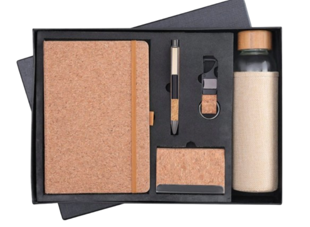 MiRa Gifting Solutions Sustainable Style Cork Finish 5-in-1 Gift Set | Cork Diary + Key Chain + Pen + Card Holder + Bottle