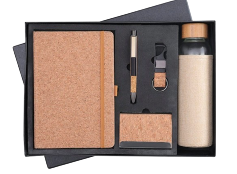 MiRa Gifting Solutions Sustainable Style Cork Finish 5-in-1 Gift Set | Cork Diary + Key Chain + Pen + Card Holder + Bottle