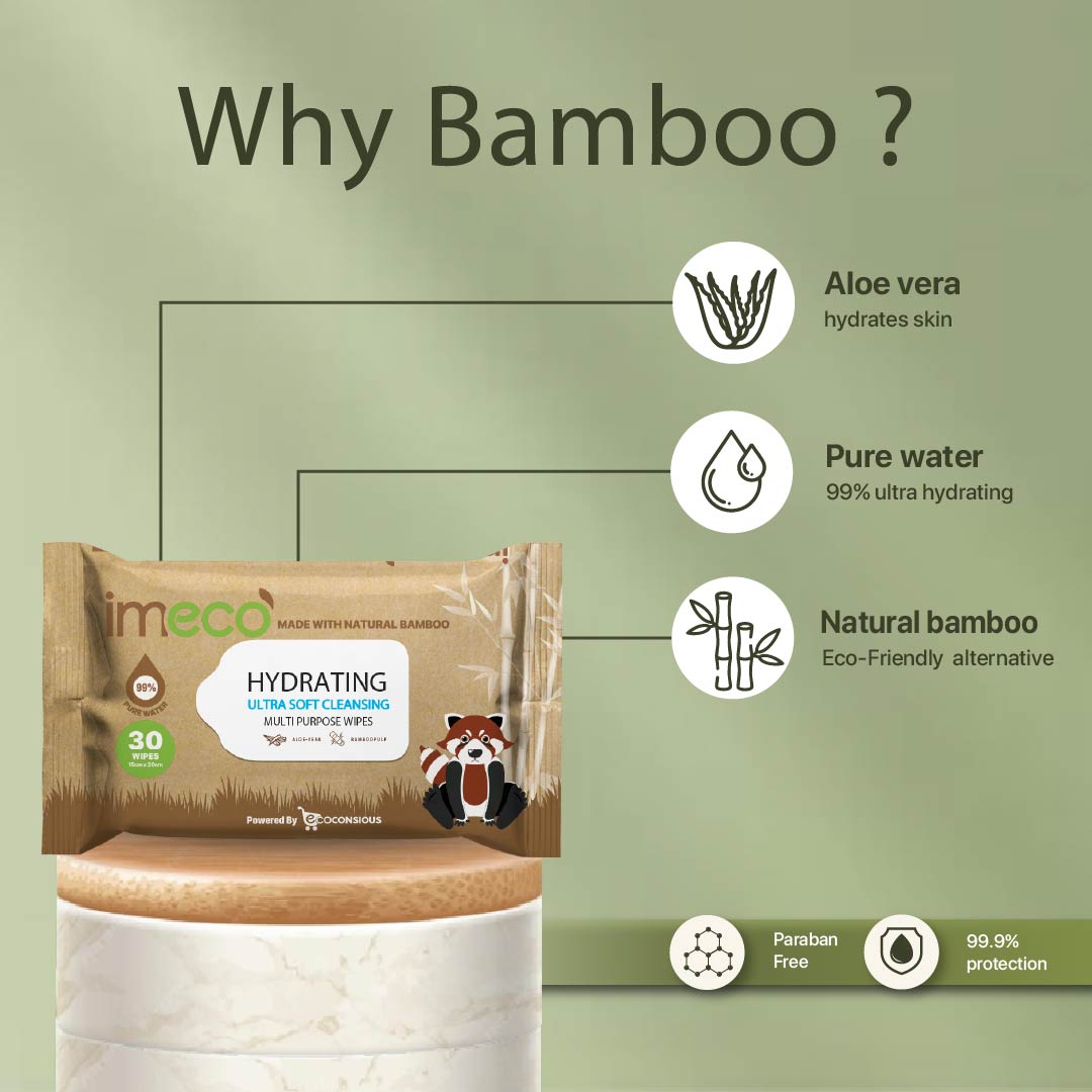 IMECO Bamboo Daily Cleansing Face Wipes with Aloe - Vera | Ulta - Soft Hydrating Wet Wipes | 30 Pulls - Suspire