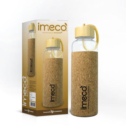 IMECO ECO CARRY Borosilicated Glass Water Bottle with Cork Sleeve Cover (500 ml) | Leak-Proof, BPA-Free & Travel-Ready | Lightweight, Reusable & Stylish for Office, School & Gym
