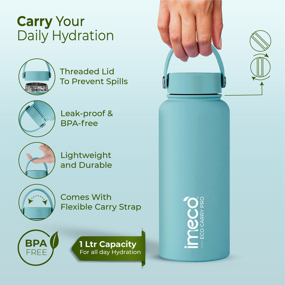 IMECO ECO CARRY PRO Stainless Steel Water Bottle 1L | Matte Finish | BPA - Free, Leak - Proof & Odour - Free | Large Capacity, Lightweight & Durable | Ideal for Gym, School, Office & Travel - Suspire
