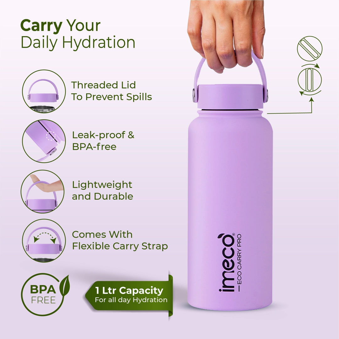 IMECO ECO CARRY PRO Stainless Steel Water Bottle 1L | Matte Finish | BPA - Free, Leak - Proof & Odour - Free | Large Capacity, Lightweight & Durable | Ideal for Gym, School, Office & Travel - Suspire