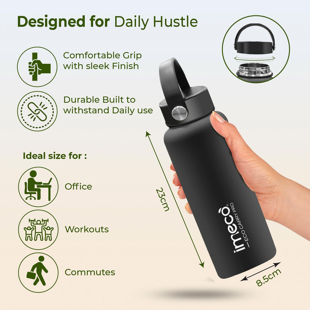 IMECO ECO CARRY PRO Stainless Steel Water Bottle 1L | Matte Finish | BPA - Free, Leak - Proof & Odour - Free | Large Capacity, Lightweight & Durable | Ideal for Gym, School, Office & Travel - Suspire