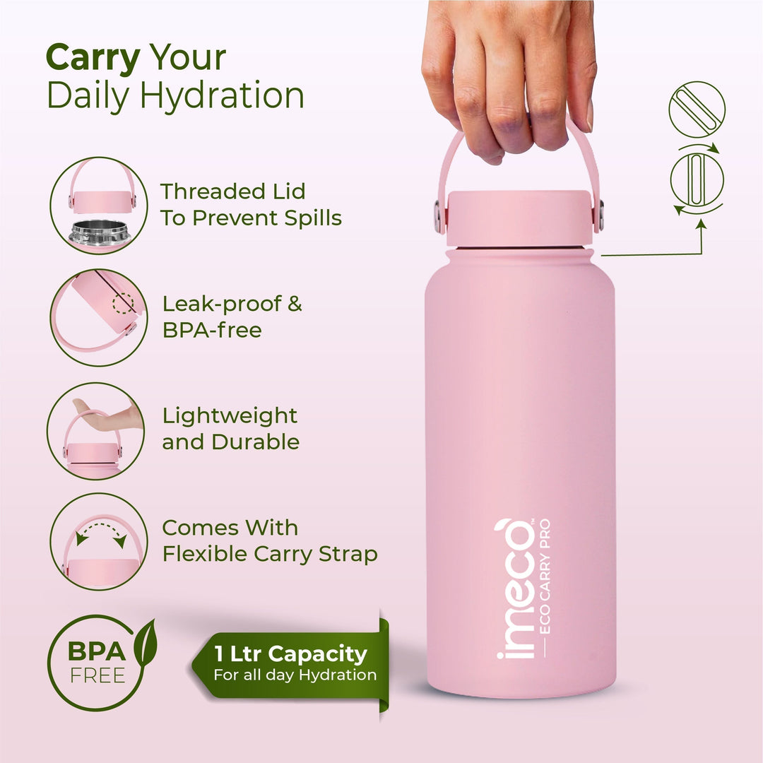 IMECO ECO CARRY PRO Stainless Steel Water Bottle 1L | Matte Finish | BPA - Free, Leak - Proof & Odour - Free | Large Capacity, Lightweight & Durable | Ideal for Gym, School, Office & Travel - Suspire