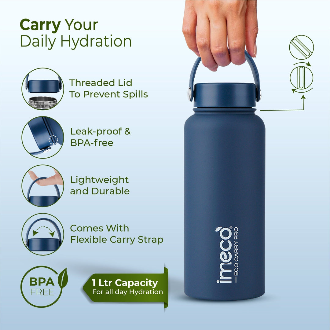IMECO ECO CARRY PRO Stainless Steel Water Bottle 1L | Matte Finish | BPA - Free, Leak - Proof & Odour - Free | Large Capacity, Lightweight & Durable | Ideal for Gym, School, Office & Travel - Suspire