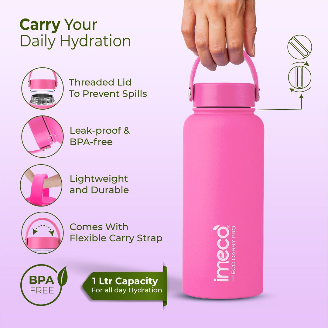 IMECO ECO CARRY PRO Stainless Steel Water Bottle 1L | Matte Finish | BPA - Free, Leak - Proof & Odour - Free | Large Capacity, Lightweight & Durable | Ideal for Gym, School, Office & Travel - Suspire