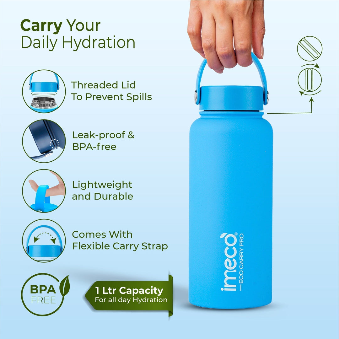 IMECO ECO CARRY PRO Stainless Steel Water Bottle 1L | Matte Finish | BPA - Free, Leak - Proof & Odour - Free | Large Capacity, Lightweight & Durable | Ideal for Gym, School, Office & Travel - Suspire