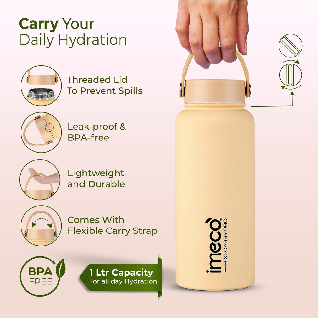 IMECO ECO CARRY PRO Stainless Steel Water Bottle 1L | Matte Finish | BPA - Free, Leak - Proof & Odour - Free | Large Capacity, Lightweight & Durable | Ideal for Gym, School, Office & Travel - Suspire