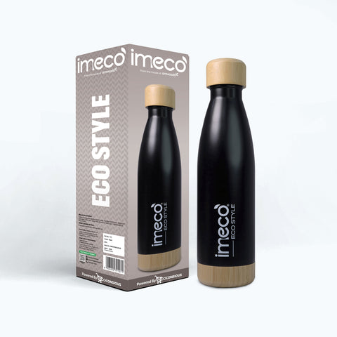 IMECO ECO STYLE Stainless Steel Water Bottle with Bamboo Base – 500 ml | BPA-Free, Leak-Proof & Travel-Friendly | Food-Grade Steel, Lightweight & Eco-Friendly for Office, School & Gym