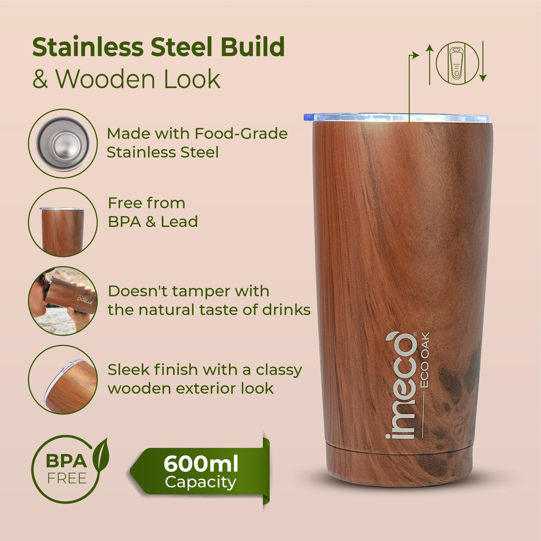 IMECO OAK Stainless Steel Tumbler (600 ml) | BPA - Free, Leak - Proof & Travel - Ready | Lightweight, Reusable & Durable | Perfect for Office, School, Gym & Outdoor Use - Suspire
