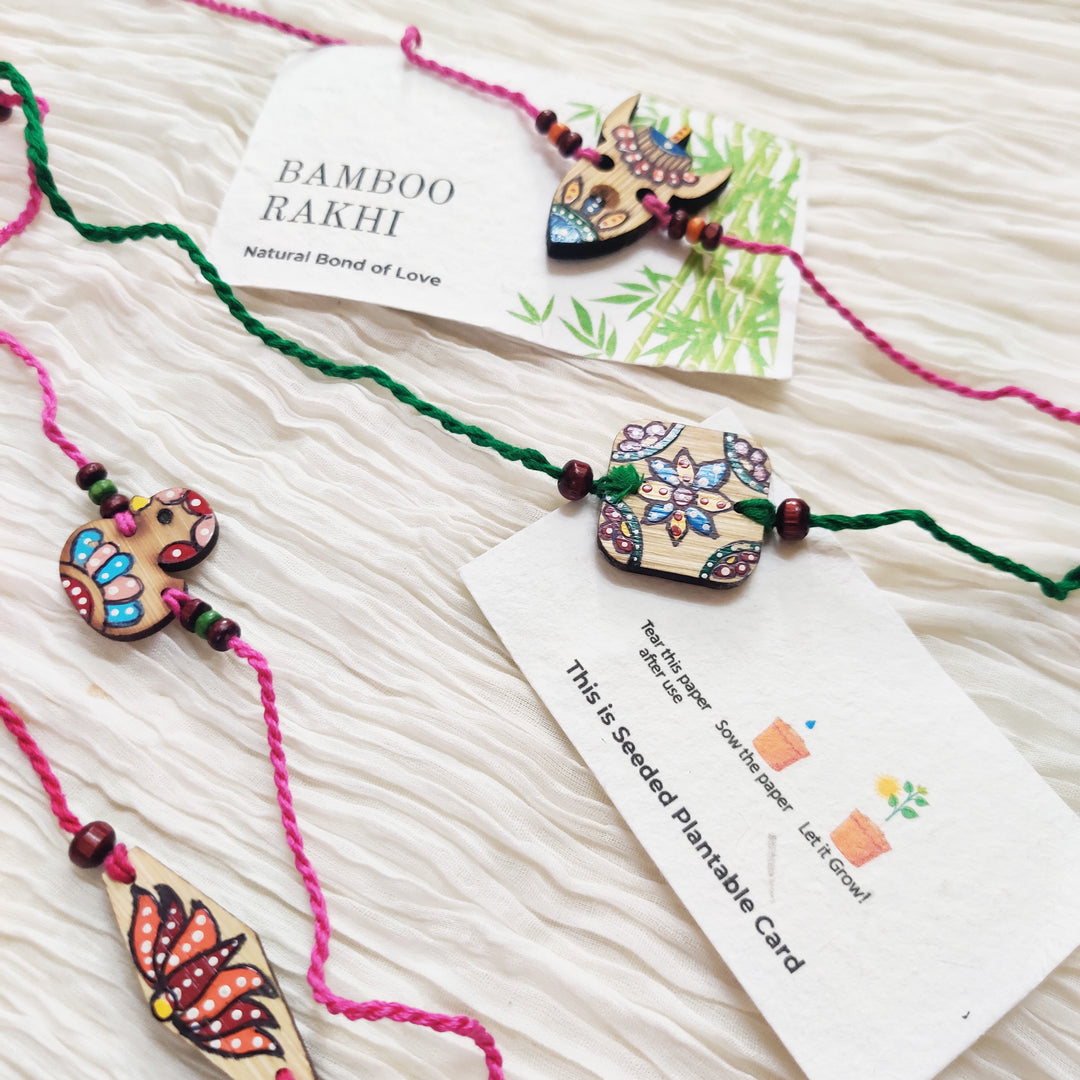 Greenfootprint Handcrafted Eco-Friendly Natural Bamboo Rakhi | Folkart | Hand-painted | Pack of 2
