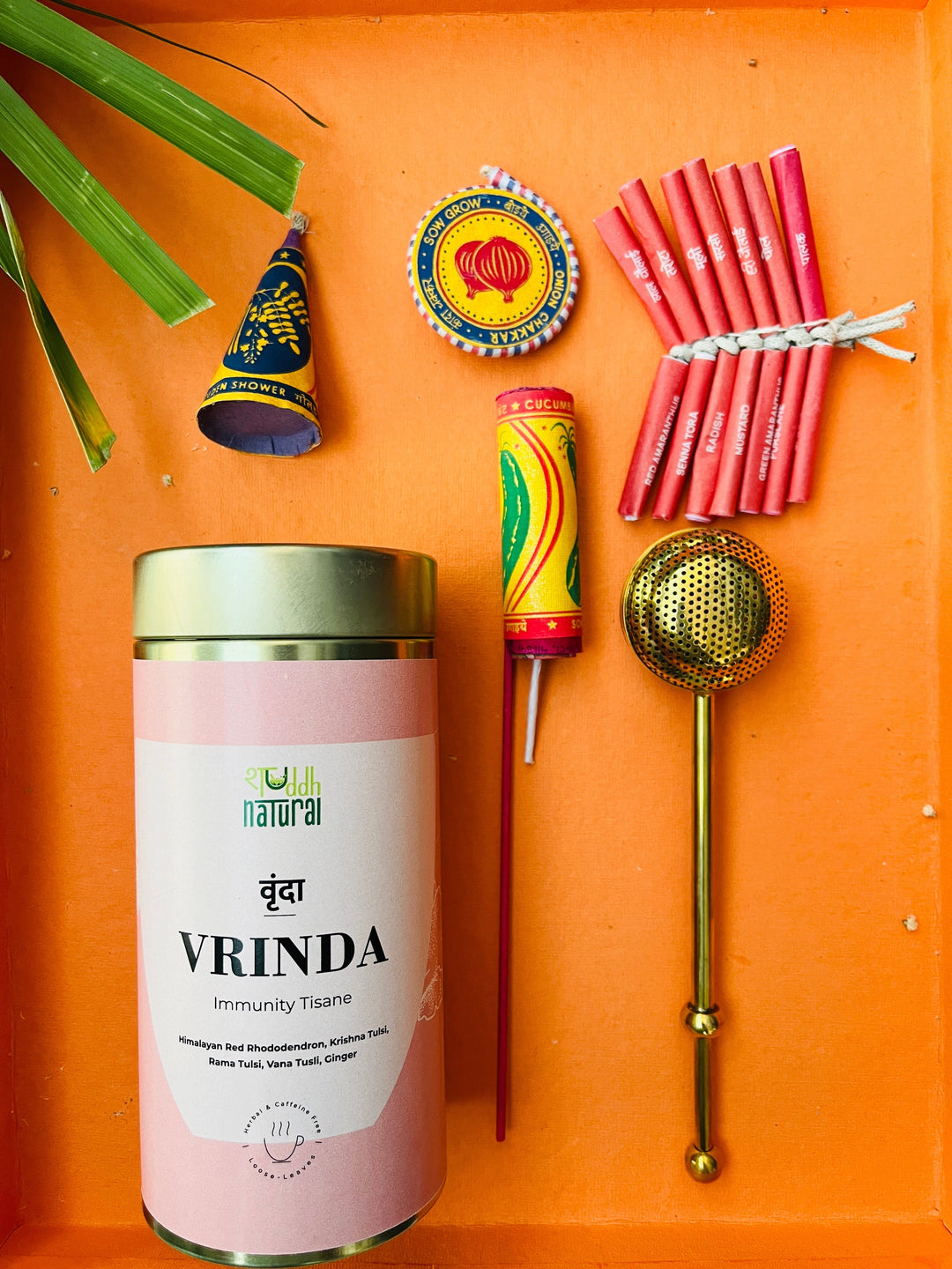 Shuddh Natural Festive Diwali Gift Hamper I tea I seed (plantable) patakha set of 4 I royal brass strainer I pack of 4