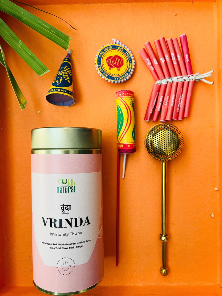 Shuddh Natural Festive Diwali Gift Hamper I tea I seed (plantable) patakha set of 4 I royal brass strainer I pack of 4