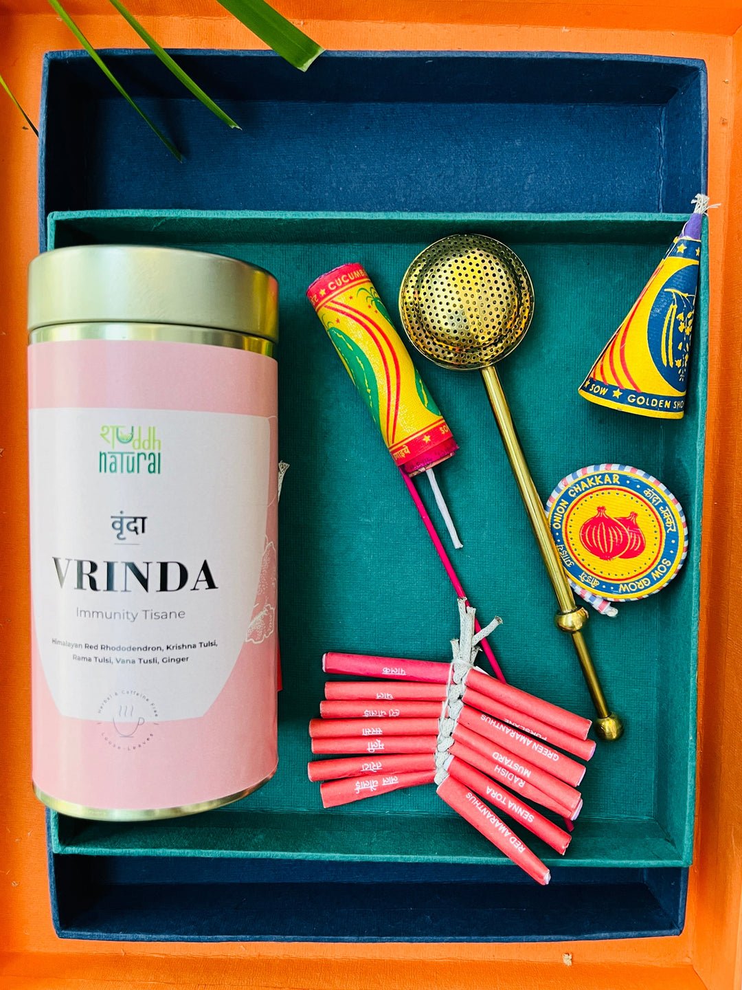 Shuddh Natural Festive Diwali Gift Hamper I tea I seed (plantable) patakha set of 4 I royal brass strainer I pack of 4