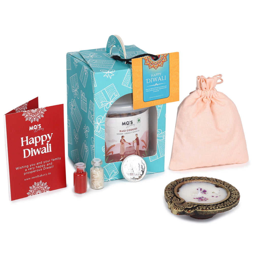 Mo's Bakery Premium Diwali Ragi  Cookies Green Gift Box with Diya, Pooja Coin and Roli
