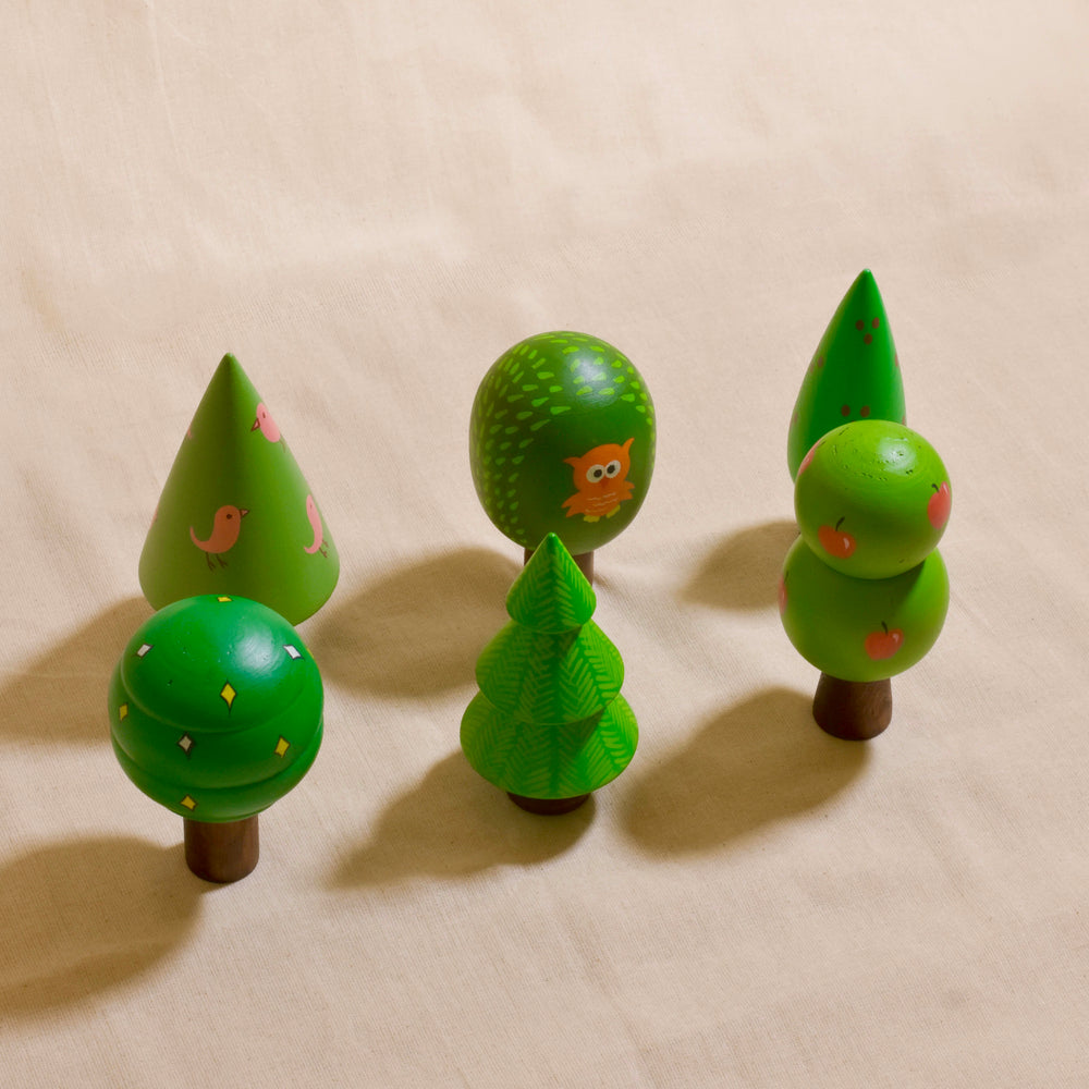 Scrapshala Forest tree set | set of six | Christmas table décor | natural wood | handmade | kids toy