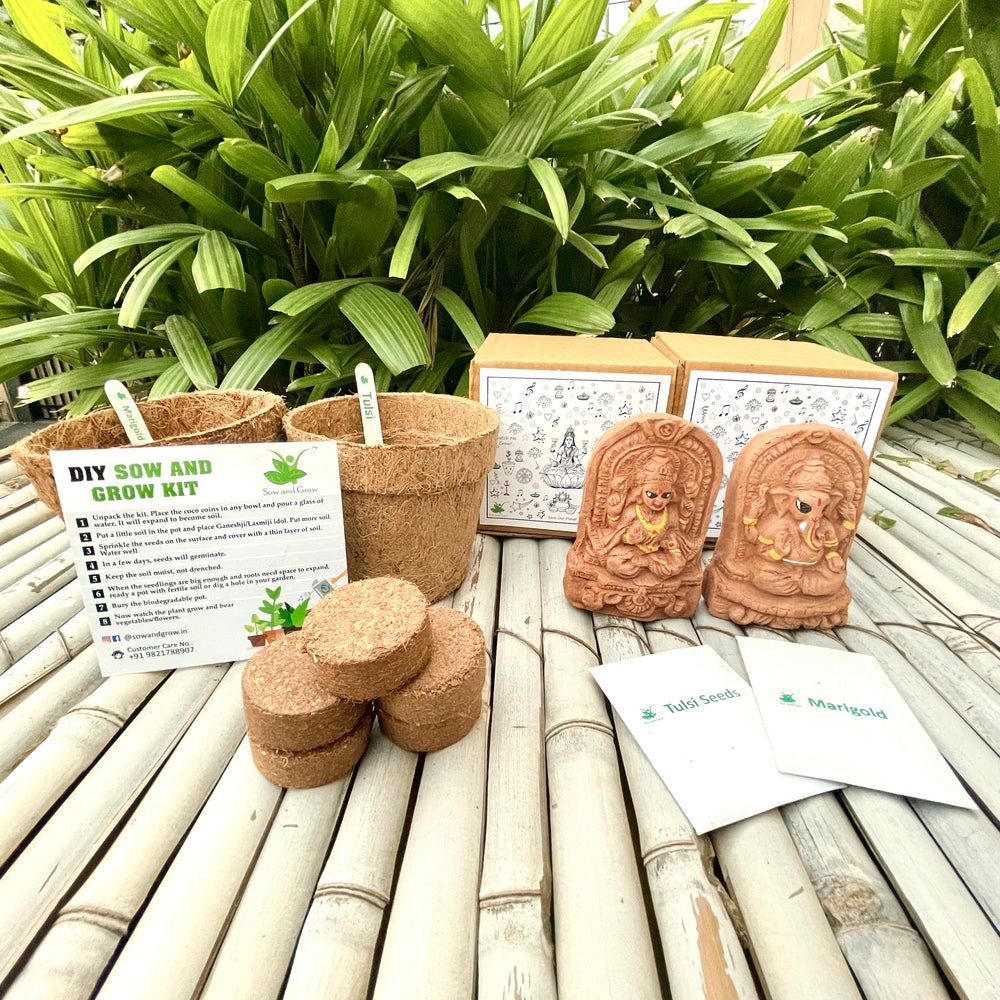Sow and Grow Plantable Seed Ganesha and Lakshmiji with Marigold and Tulsi Seeds: DIY Grow Kit