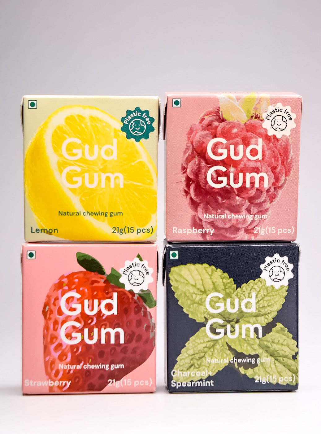 Gud Gum Chewing Gum - Mini Pack of 4 - Raspberry, Lemon, Charcoal Mint, Strawberry