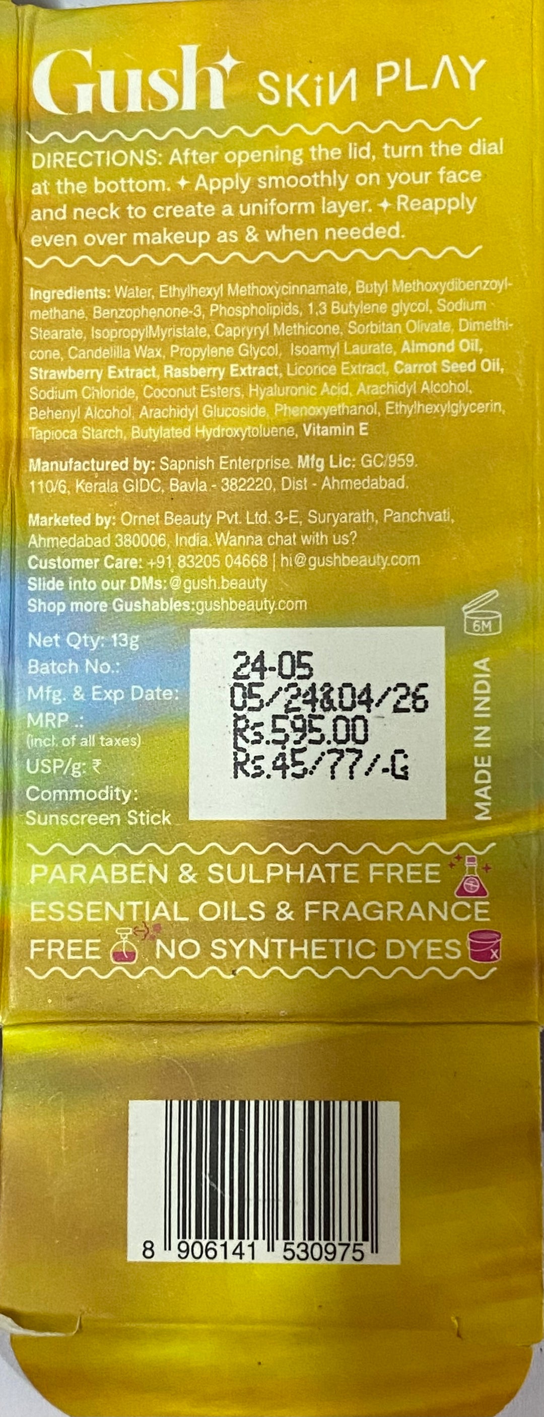 Gush Beauty Sunscreen Stick SPF 60 PA +++ UVA + UVB+ With Key Chain - 13g