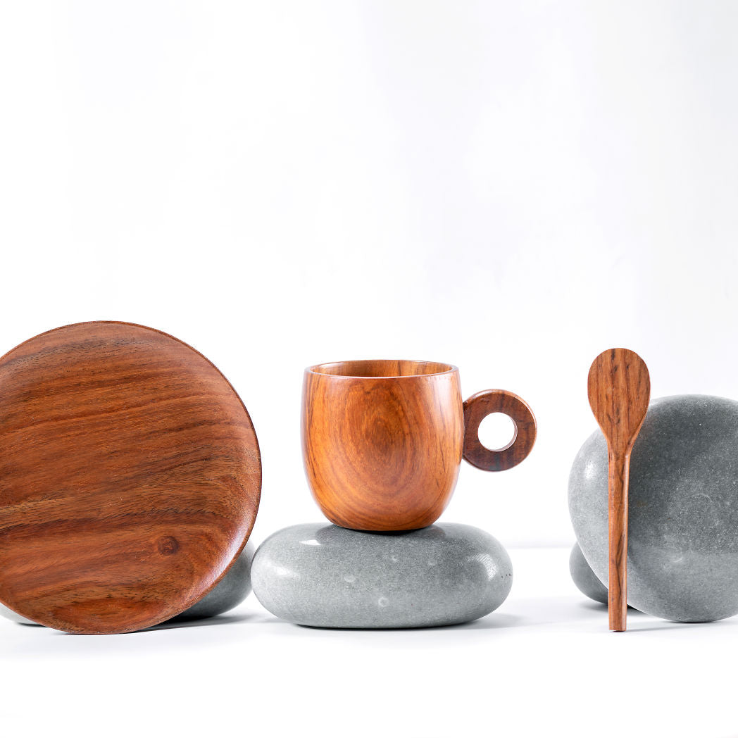 Araana Home Shikora Wooden Cup, Saucer and Spoon Set