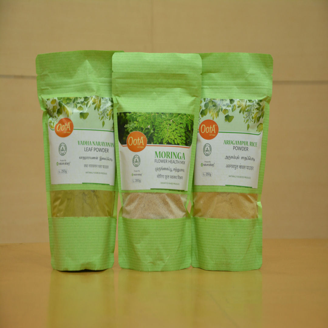 OOTA-Moringa Health Mix Powder (pack of 200g), Arugampul Rice Powder (250g), Vadha Narayanan Leaf Powder (pack of 250g)