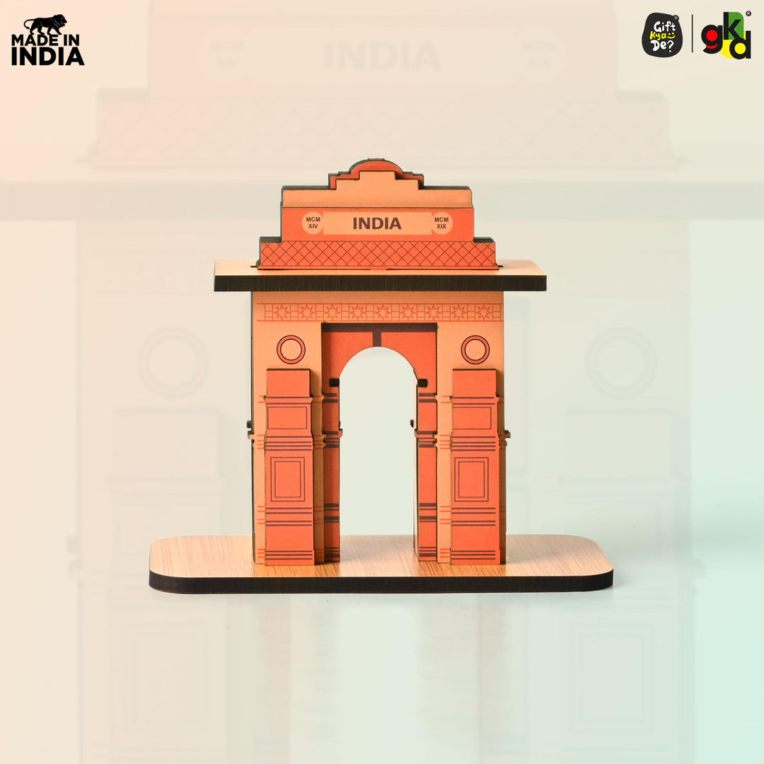 India Gate Wooden Desk Organizer with Test Tube Planter, Pen Stand & Visiting Card Holder | Table Top Patriotic Souvenir | Independence Day Gift - Suspire