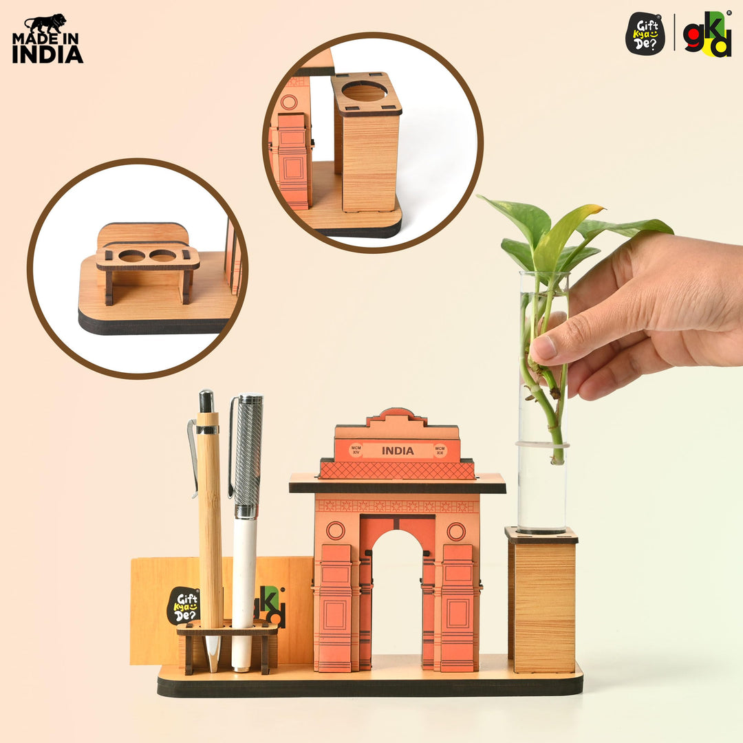India Gate Wooden Desk Organizer with Test Tube Planter, Pen Stand & Visiting Card Holder | Table Top Patriotic Souvenir | Independence Day Gift - Suspire