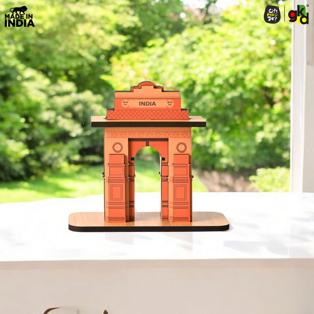 India Gate Wooden Desk Organizer with Test Tube Planter, Pen Stand & Visiting Card Holder | Table Top Patriotic Souvenir | Independence Day Gift - Suspire