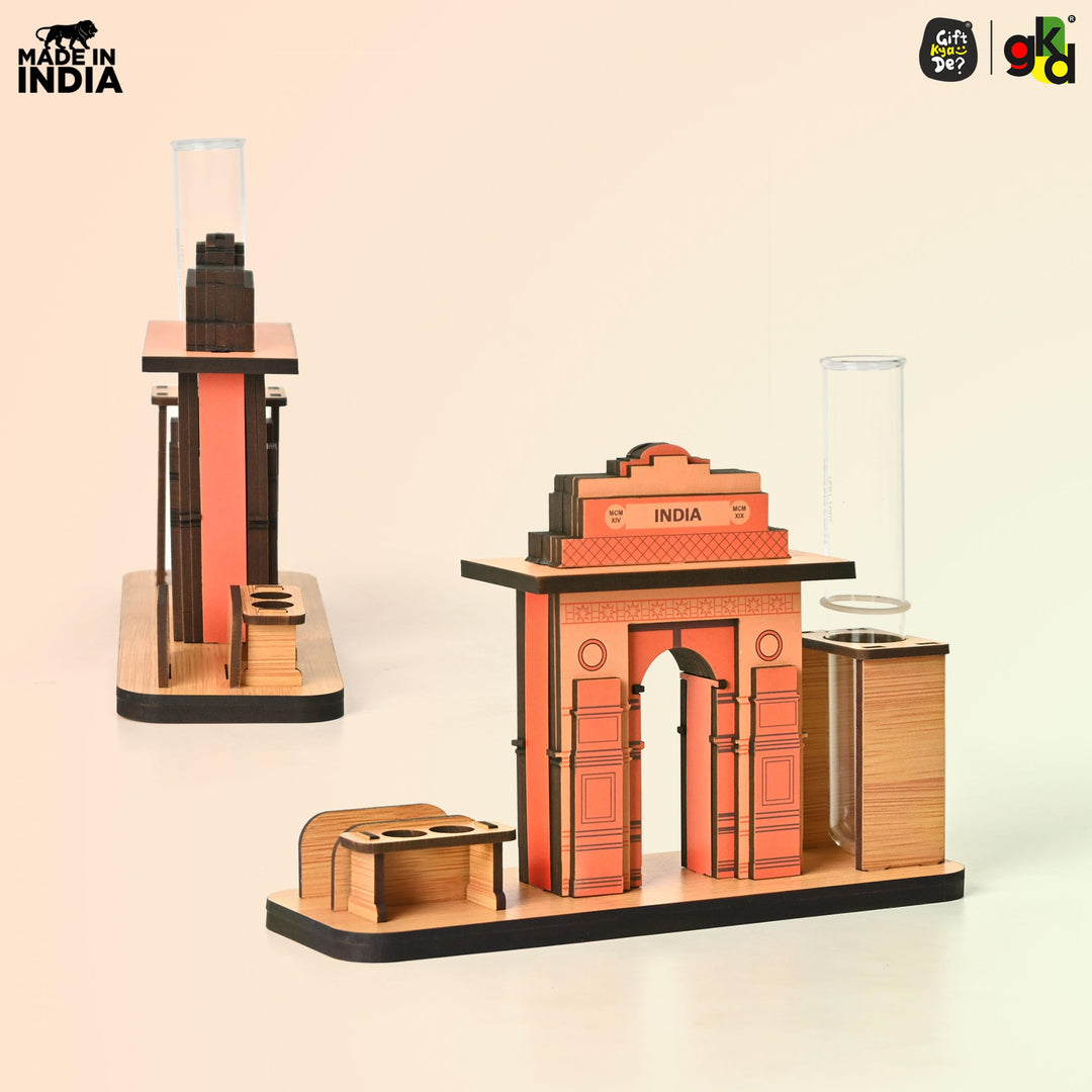 India Gate Wooden Desk Organizer with Test Tube Planter, Pen Stand & Visiting Card Holder | Table Top Patriotic Souvenir | Independence Day Gift - Suspire