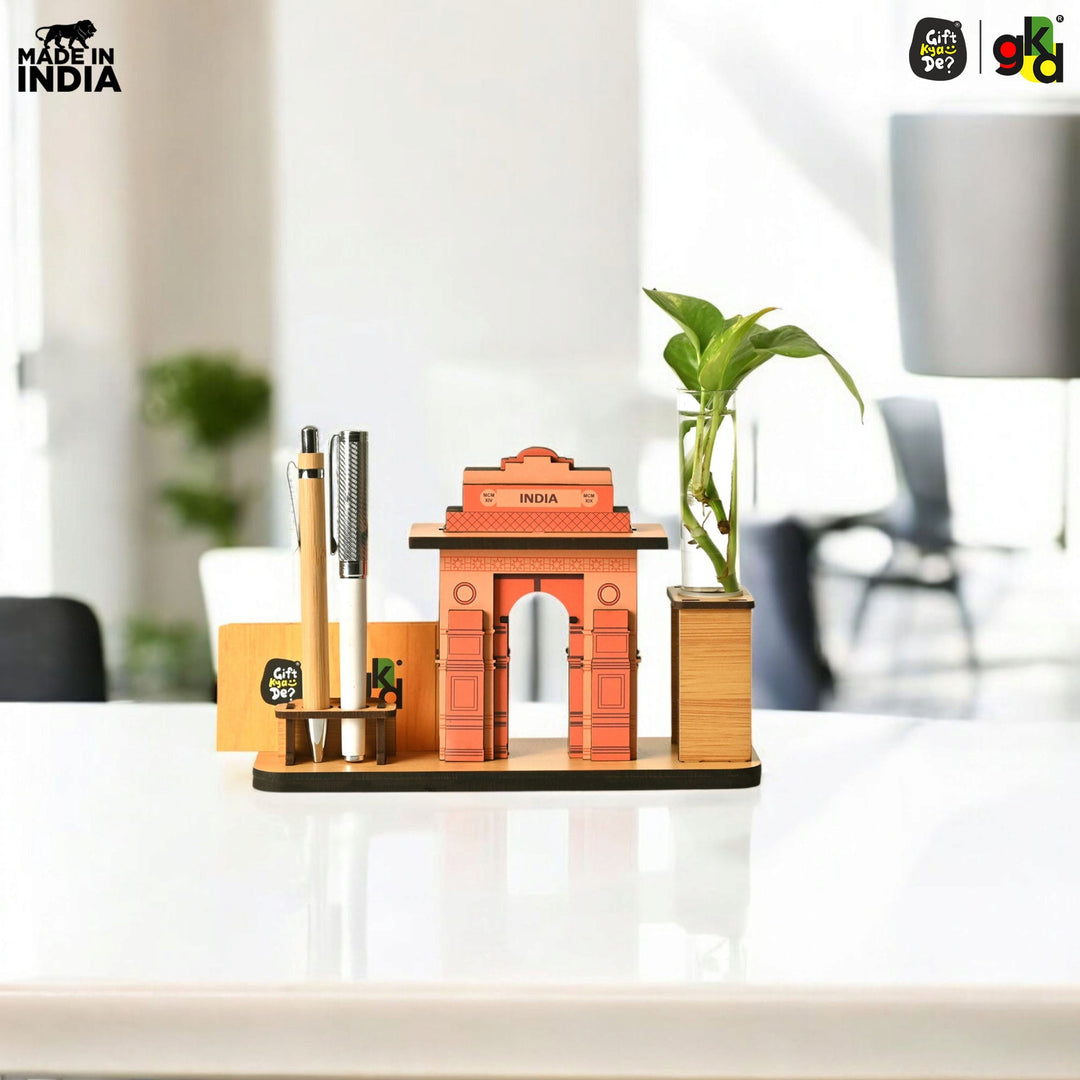 India Gate Wooden Desk Organizer with Test Tube Planter, Pen Stand & Visiting Card Holder | Table Top Patriotic Souvenir | Independence Day Gift - Suspire