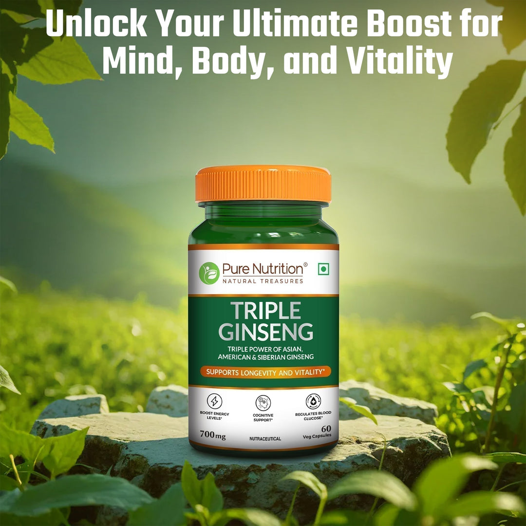 Triple Ginseng Complex - 60 Veg Capsules | Korean, American & Siberian Ginseng Blend for Energy & Vitality
