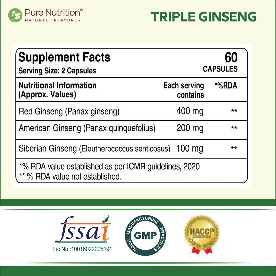 Triple Ginseng Complex - 60 Veg Capsules | Korean, American & Siberian Ginseng Blend for Energy & Vitality