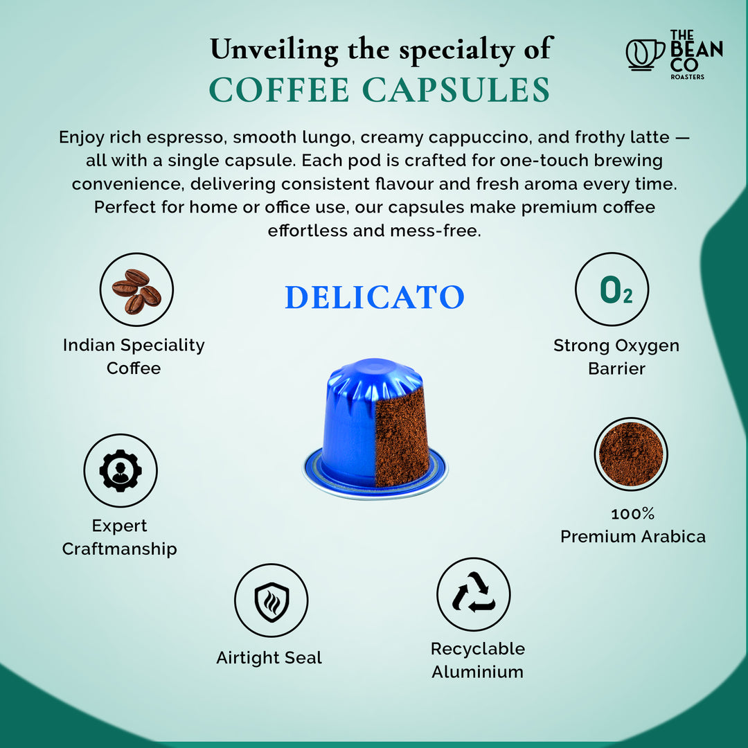The Bean Co Roasters Delicato Aluminium Coffee Capsules | Intensity 7 | Smooth & Delicate | Light to Medium Roast | 100% Premium Arabica