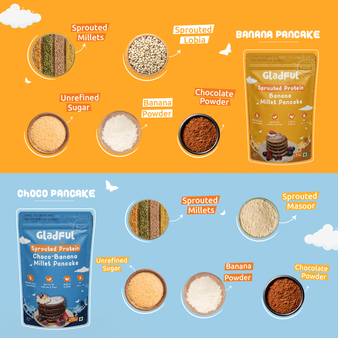 Gladful Sprouted pancake banana & choco banana with millet masoor lobia protein for kids & families - pack of 2 - 300 gms