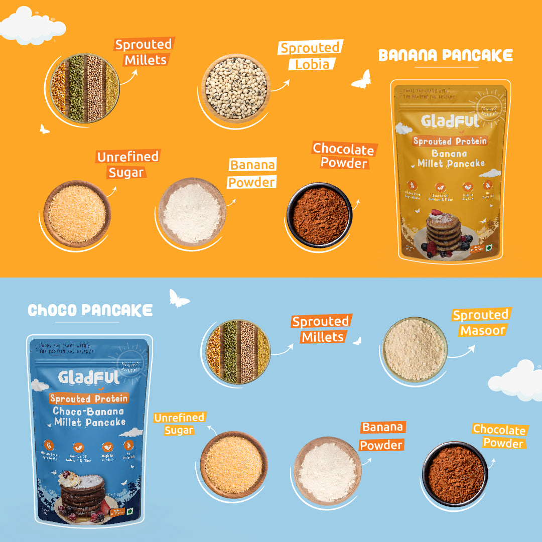 Sprouted pancake banana & choco banana with millet masoor lobia protein for kids & families - pack of 2 - 300 gms