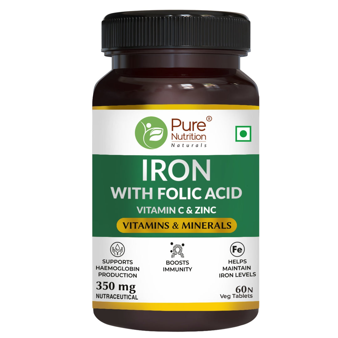 Pure Nutrition Iron Folic Acid Supplement for Men and Women - Supports Haemoglobin Production, Boosts Immunity & Maintains Iron Level