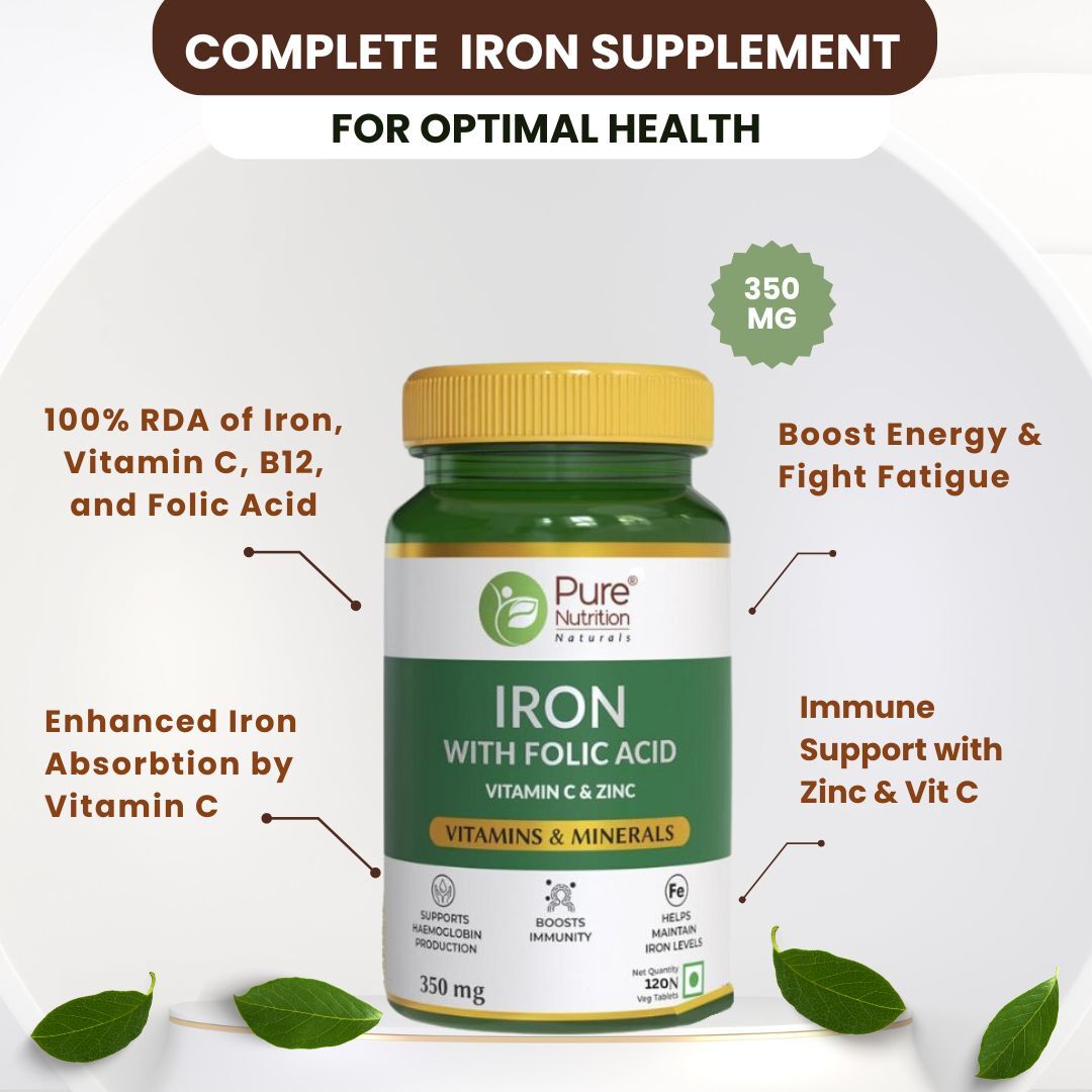 Pure Nutrition Iron Folic Acid Supplement for Men and Women - Supports Haemoglobin Production, Boosts Immunity & Maintains Iron Level