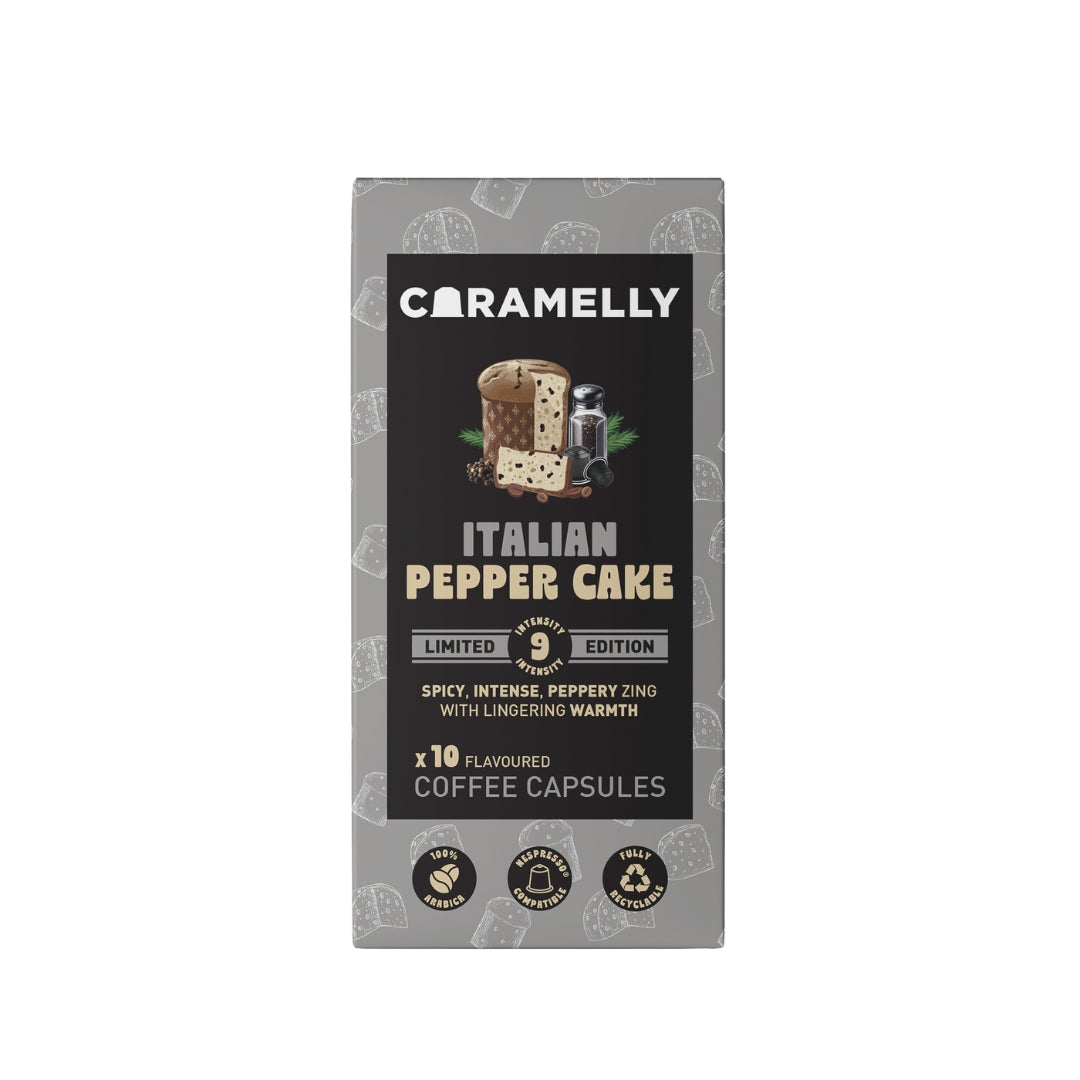 Caramelly Italian Pepper Cake Flavoured Nespresso Compatible Coffee Capsules, 10 Pods, Intensity - 9 | Limited Edition | Aluminium Coffee Pods | 100% Arabica Coffee