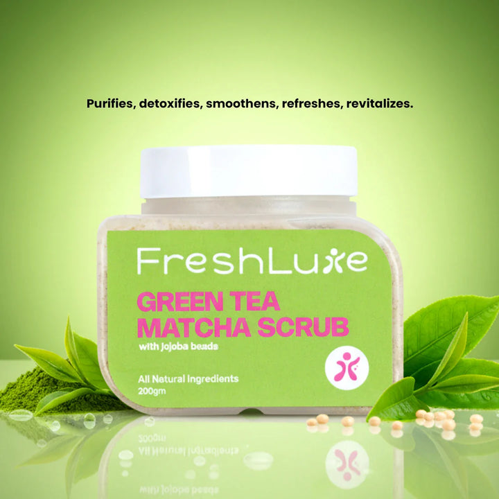 Green Tea Matcha Face & body Scrub | Vitamin C & Lactic Acid for Detan, Uneven Skin Tone & Skin Purification | 200gm