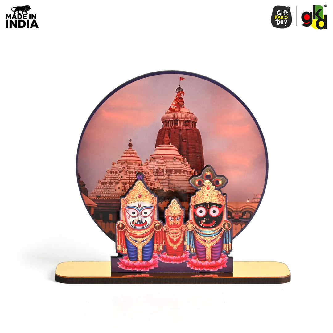 Gift Kya De Lord Jagannath Wooden Table Top Frame with Puri Temple Background - 15 x 13 cm | Divine Home Décor | Spiritual Gift