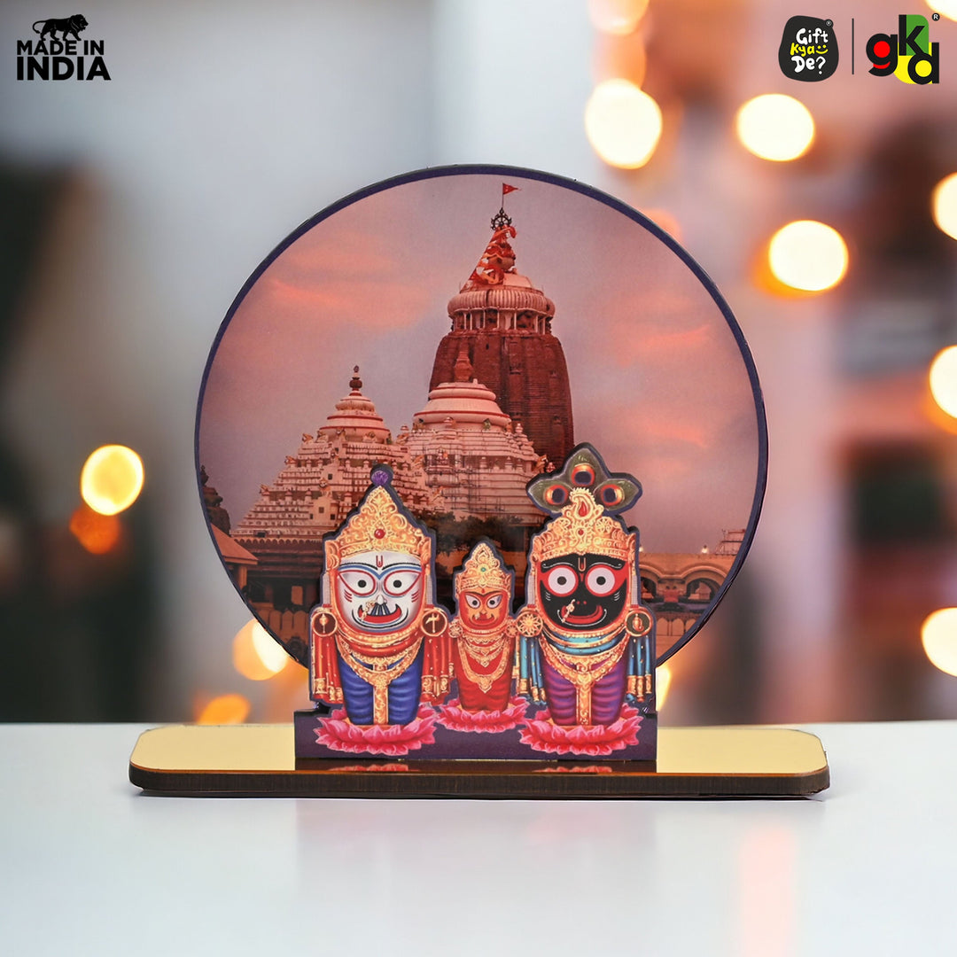 Gift Kya De Lord Jagannath Wooden Table Top Frame with Puri Temple Background - 15 x 13 cm | Divine Home Décor | Spiritual Gift