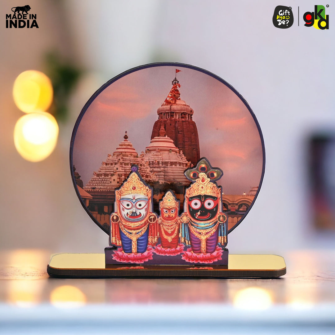 Gift Kya De Lord Jagannath Wooden Table Top Frame with Puri Temple Background - 15 x 13 cm | Divine Home Décor | Spiritual Gift