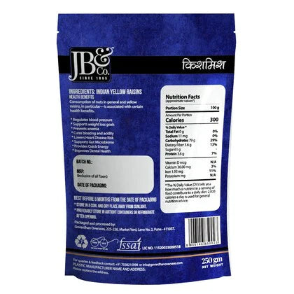 JB&CO Indian Yellow Raisins-Golden Raisins(Kishmish) - 250 gm